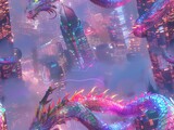Capture the intricate scales of a shimmering dragon, set against neon skyscrapers, with a daring worms view angle, bringing fantastical realism to life