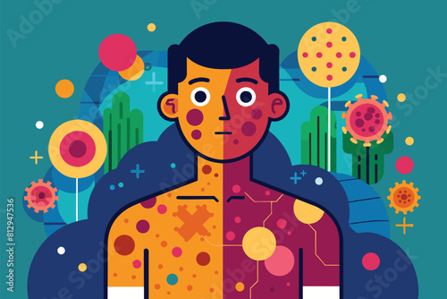 A man displaying a large number of dots on his chest, Melanoma Customizable Disproportionate Illustration