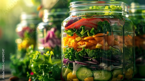 Mason jar salads, layered, vibrant greens and veggies, closeup, bright, airy light photo