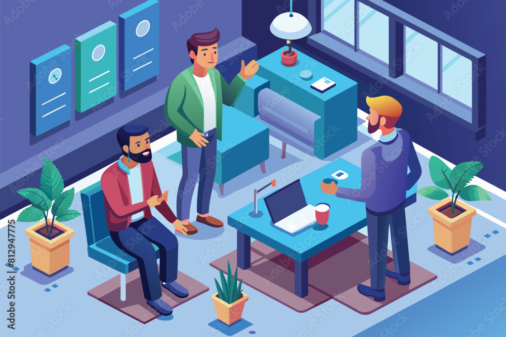 Men talking and standing around in a living room setting, Men talking Customizable Isometric Illustration Men talking and standing around in a living room setting, Men talking Customizable Isometric Illustration