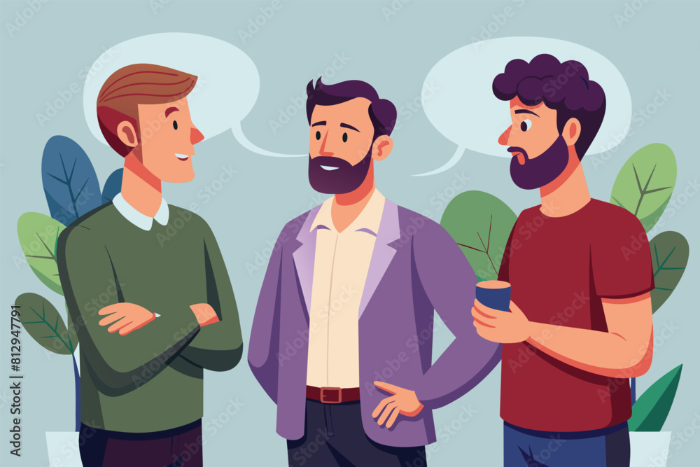Fototapeta premium Three men in casual attire standing next to each other, engaged in conversation, Men talking Customizable Disproportionate Illustration