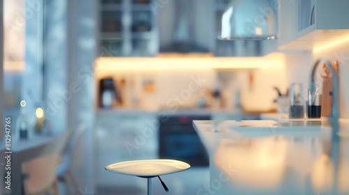 Blurred modern kitchen interior and desk space and outstanding furniture : Generative AI © Generative AI