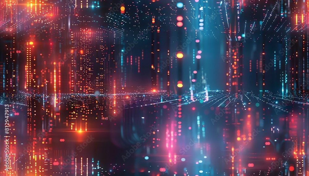 Fototapeta premium Craft a dynamic frontal view of a sleek, neon-lit cityscape intertwining with intricate holographic data streams in a harmonious blend of digital and traditional art techniques