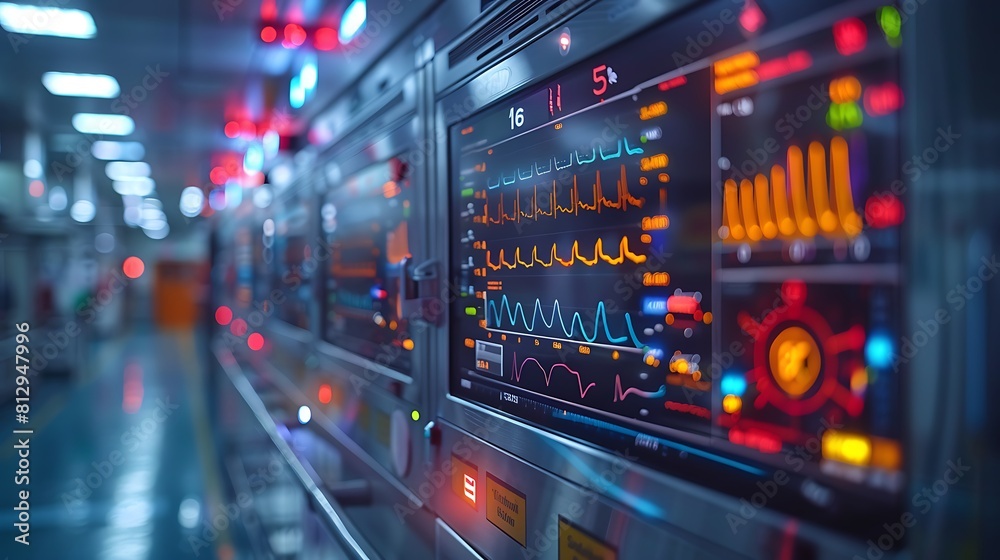 Hyperrealistic portrayal of a monitor with medical statistics visualization, focusing on intricate details of health monitoring and patient care, vibrant digital color scheme. Hyperrealistic portrayal of a monitor with medical statistics visualization, focusing on intricate details of health monitoring and patient care, vibrant digital color scheme.