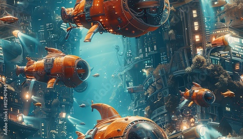 Craft a mesmerizing digital artwork of a wide-angle scene showcasing robotic sea creatures in a vibrant underwater cityscape, merging realism with impressionistic details