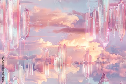 Craft a mesmerizing utopian cityscape with towering crystal skyscrapers gleaming under a pastel-hued sky, merging surrealism and modernism in a digitally painted masterpiece