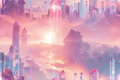 Craft a mesmerizing utopian cityscape with towering crystal skyscrapers gleaming under a pastel-hued sky, merging surrealism and modernism in a digitally painted masterpiece