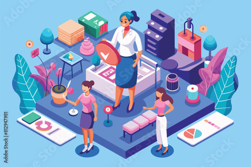 A group of individuals standing around a bed in a room, Menopause Customizable Isometric Illustration