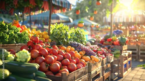 Sunlit farmers market stand with an abundance of superfoods, wide angle, vibrant colors