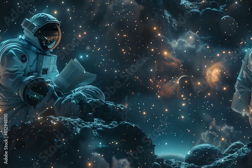 Craft a stunning digital illustration depicting Romantic Poetry in Space with a side view perspective Picture a dreamy astronaut reading love sonnets among twinkling stars
