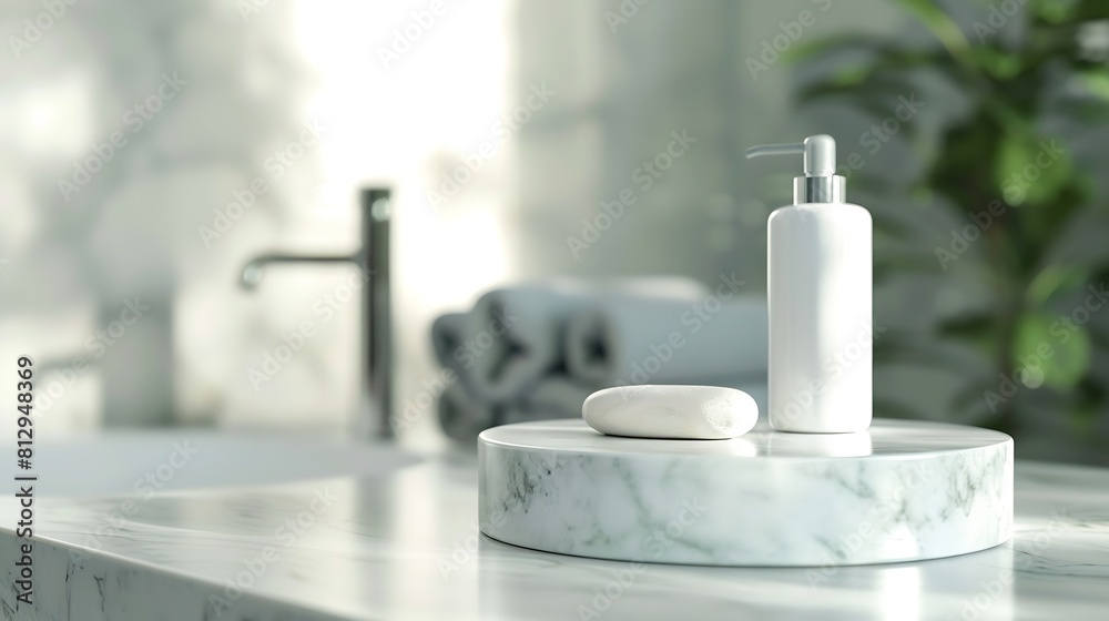 Marble white podium on table for bathing product display on blur bathroom sink background : Generative AI Marble white podium on table for bathing product display on blur bathroom sink background : Generative AI