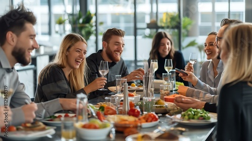 A group of people are sitting around a table with food and wine, enjoying each other's company