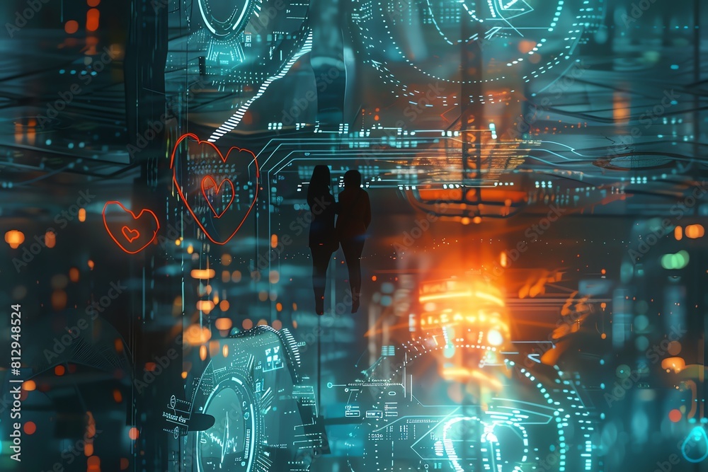 Design a futuristic love scene with advanced technologies in a dynamic tilt-shift perspective Show intricate details of holographic interfaces mingling with traditional romance ele Design a futuristic love scene with advanced technologies in a dynamic tilt-shift perspective Show intricate details of holographic interfaces mingling with traditional romance ele