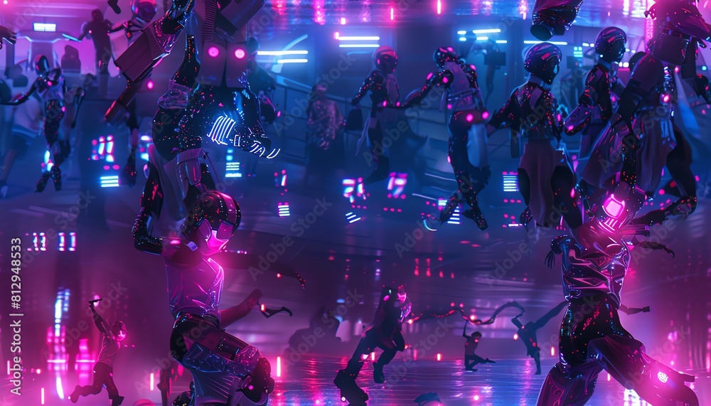 Design a futuristic street dance battle scene featuring cyborg performers Design a futuristic street dance battle scene featuring cyborg performers