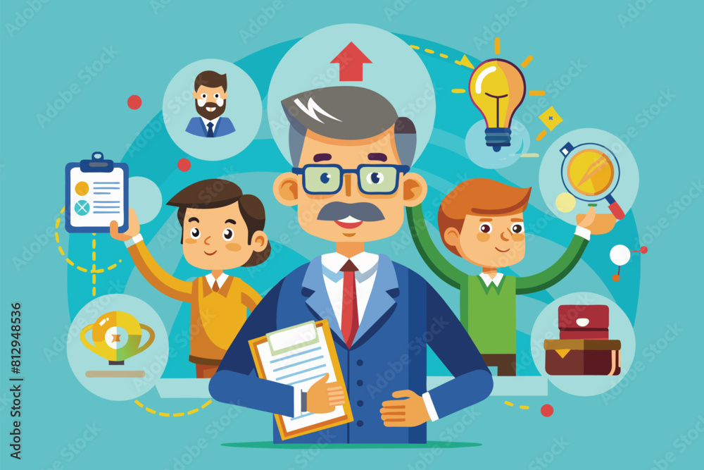 A man holding a clipboard in the center of various icons, Methodology comparison Customizable Cartoon Illustration A man holding a clipboard in the center of various icons, Methodology comparison Customizable Cartoon Illustration