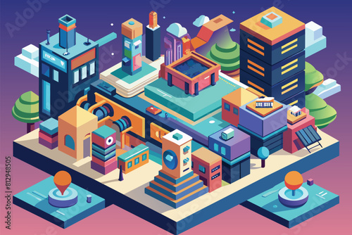 Detailed illustration of a bustling city filled with numerous towering buildings, Metaverso Customizable Isometric Illustration © Iftikhar alam