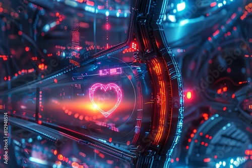 Design a futuristic love scene with advanced technologies in a dynamic tilt-shift perspective Show intricate details of holographic interfaces mingling with traditional romance ele photo