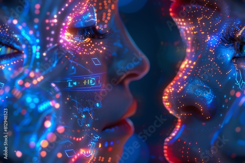 Design a futuristic love scene with advanced technologies in a dynamic tilt-shift perspective Show intricate details of holographic interfaces mingling with traditional romance ele