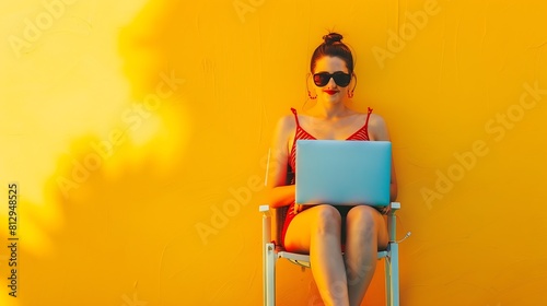 Full body length happy young woman wear red blue onepiece swimsuit sit on chair work hold laptop pc isolated over vivid yellow color wall background studio Summer hotel pool sea rest s : Generative AI photo