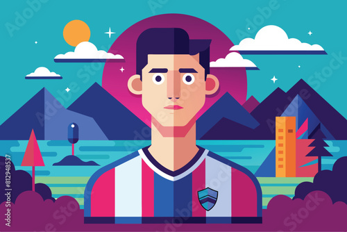 A man standing in front of a towering mountain, set against a clear sky, Metaverso Customizable Semi Flat Illustration