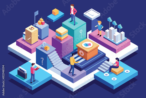 A diverse group of individuals standing together around a box with curiosity and interest, Methodology comparison Customizable Isometric Illustration