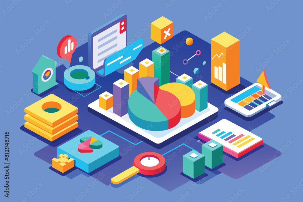 A detailed and customizable 3D illustration of a pie chart displaying metrics, Metrics Customizable Isometric Illustration A detailed and customizable 3D illustration of a pie chart displaying metrics, Metrics Customizable Isometric Illustration