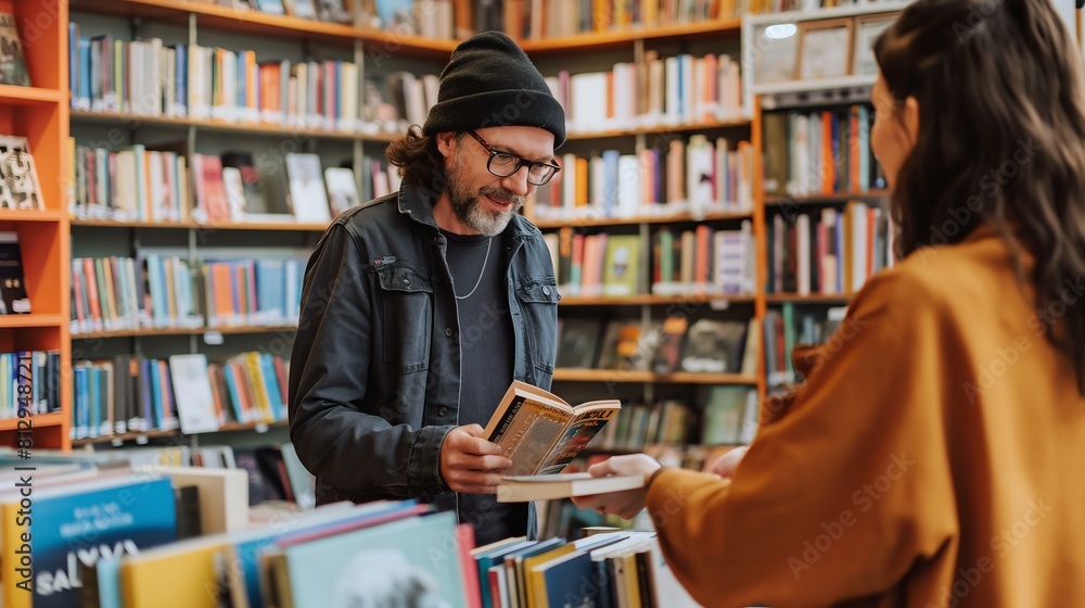 A man in a black jacket is reading a book in a library. A woman is standing behind him, looking at the book A man in a black jacket is reading a book in a library. A woman is standing behind him, looking at the book