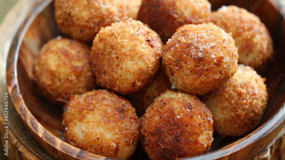 Delicious fried cheese balls in a charming wooden bowl, highlighting their golden crispiness and irresistible cheesy goodness Delicious fried cheese balls in a charming wooden bowl, highlighting their golden crispiness and irresistible cheesy goodness