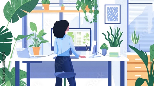 A woman is sitting at a desk with a computer monitor in front of her. She is wearing a blue shirt and black pants. The room is decorated with plants, including a potted plant on the desk