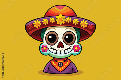 A cartoon Mexican skull wearing a traditional sombrero adorned with colorful flowers, Mexican skull Customizable Cartoon Illustration