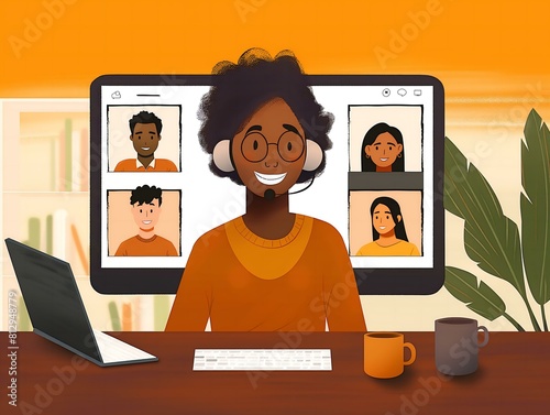 A man wearing glasses is sitting at a desk with a laptop and a cup of coffee. He is smiling and he is enjoying a video call with several other people. Concept of connection and collaboration