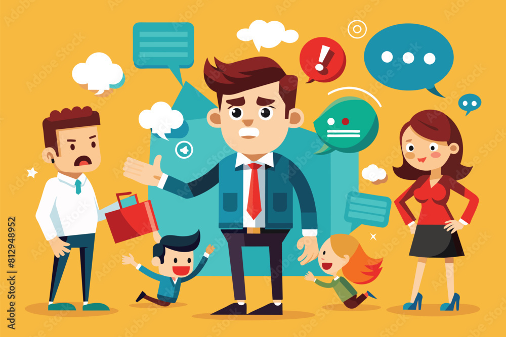 Group of individuals standing around each other, engaging in conversation with speech bubbles above them, Miscommunication Customizable Cartoon Illustration Group of individuals standing around each other, engaging in conversation with speech bubbles above them, Miscommunication Customizable Cartoon Illustration