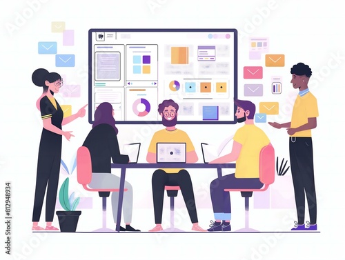 A group of people are sitting around a table with a large monitor in front of them. They are working on a project and are looking at the monitor