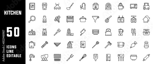 50 Kitchen Icons Set Line Editable Vector Illustration