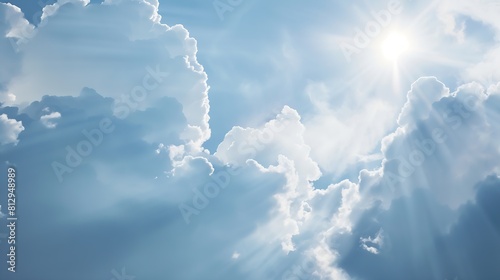 White clouds on a blue sky with sunbeams of light breaking through Background for layout design : Generative AI