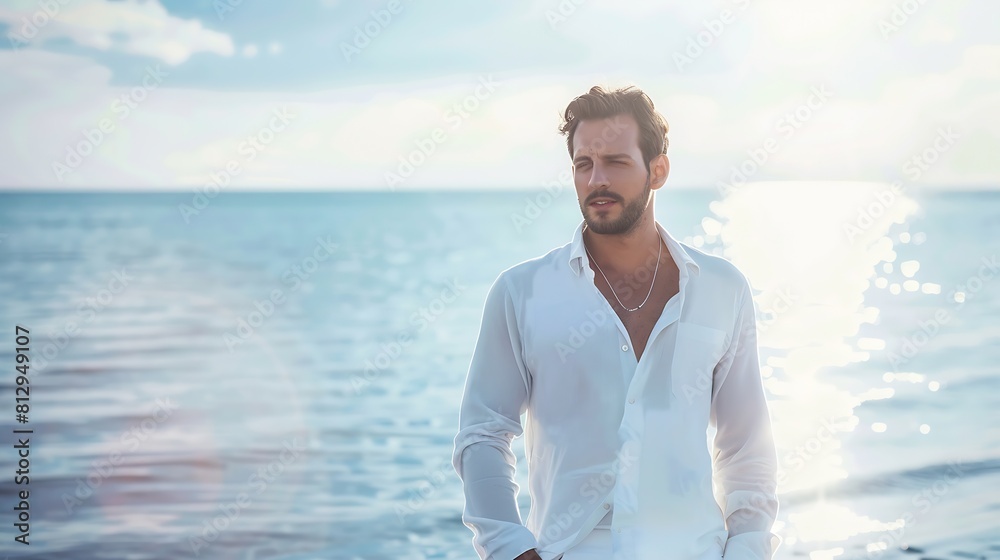 Handsome man wearing white clothes posing in sea scenery : Generative AI Handsome man wearing white clothes posing in sea scenery : Generative AI