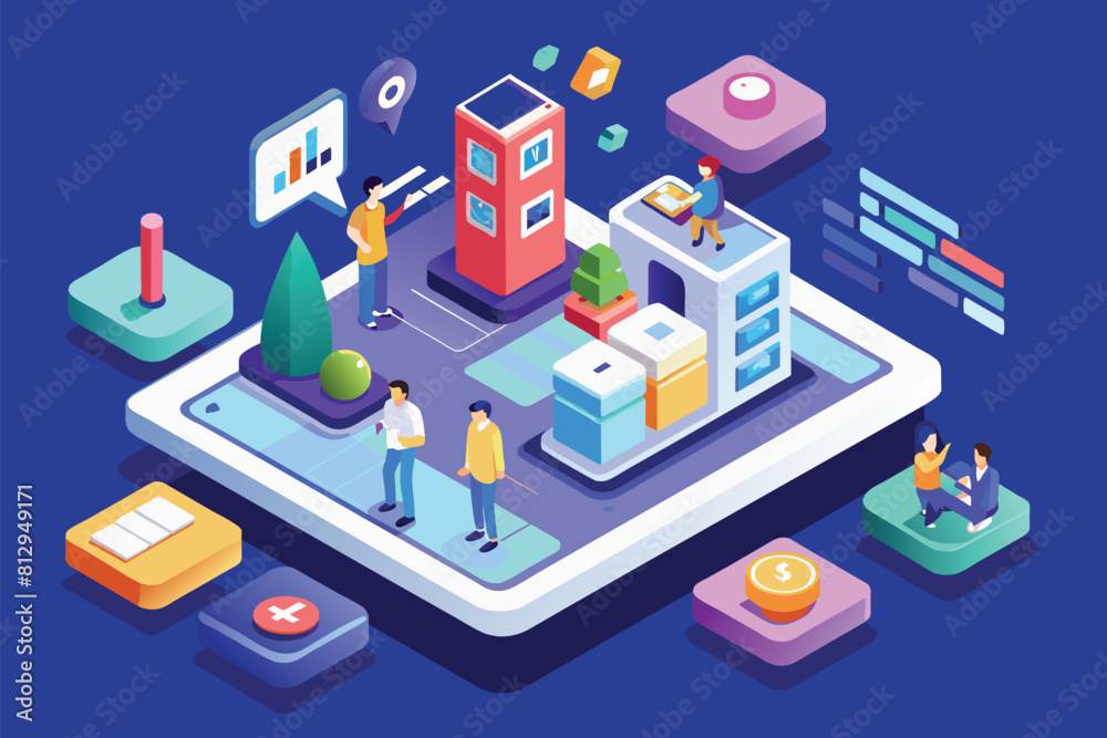 Group of individuals standing around a tablet displaying a building model on its screen, Mobile ux Customizable Isometric Illustration Group of individuals standing around a tablet displaying a building model on its screen, Mobile ux Customizable Isometric Illustration