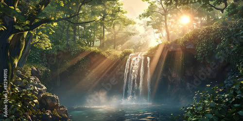 Nature and landscape wallpaper of a waterfall in a forest with sun ray background - Ai Generated