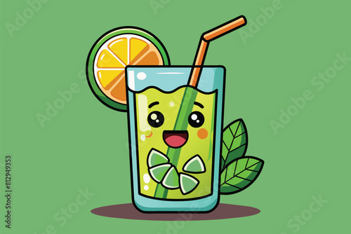 A cartoon lemonade glass with a straw in a simple illustration, Mojito Customizable Cartoon Illustration