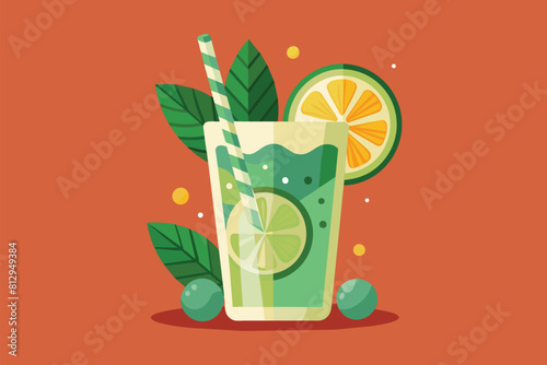 A glass of lemonade with a slice of lime on the rim, ready to be enjoyed, Mojito Customizable Disproportionate Illustration