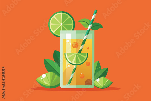 Refreshing glass of lemonade with a straw and lime slices on a table, Mojito Customizable Semi Flat Illustration