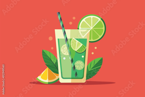 Green mojito drink with fresh limes and mints on a vibrant red background, Mojito Customizable Semi Flat Illustration