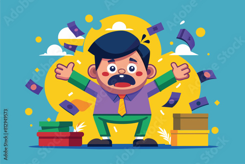 A man sitting on a large pile of money, surrounded by stacks of bills and coins, Money stress Customizable Cartoon Illustration