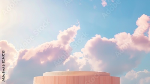 surreal modern wood podium outdoor on blue sky pink gold pastel cloud with spaceBeauty cosmetic product placement pedestal present promotion minimal displayspring or summer paradise dr : Generative AI photo