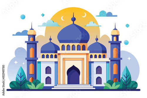 A blue and white building stands out against a clear sky background, Mosque online service Customizable Flat Illustration