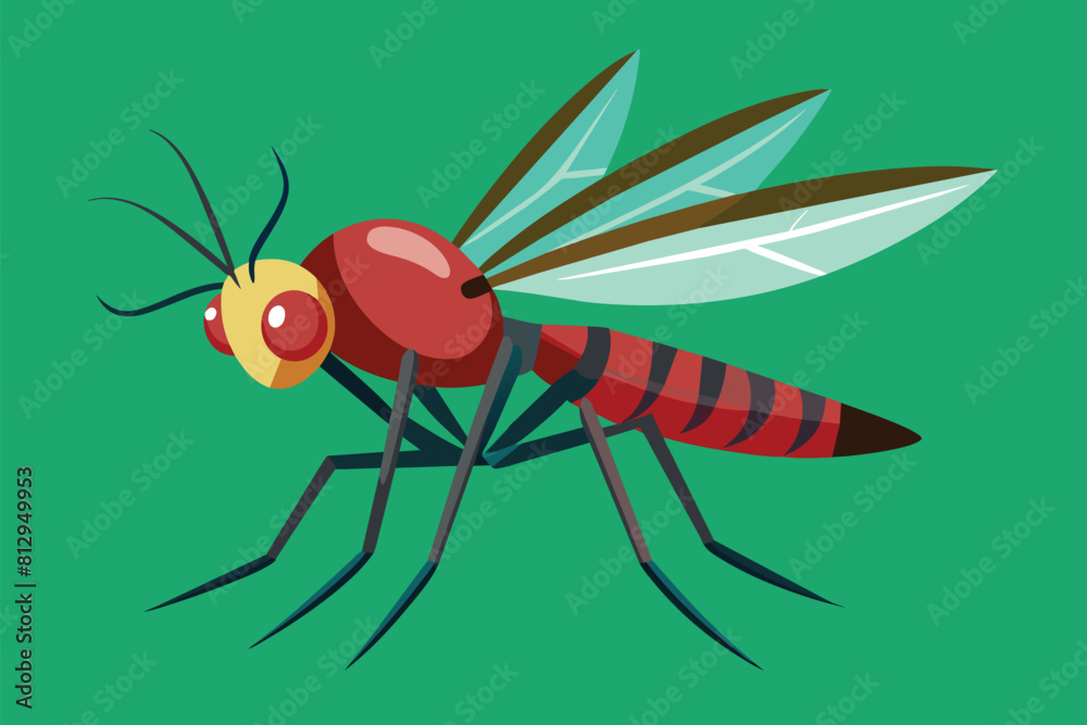 A red mosquito with a yellow face against a vibrant green backdrop, Mosquito bite Customizable Flat Illustration