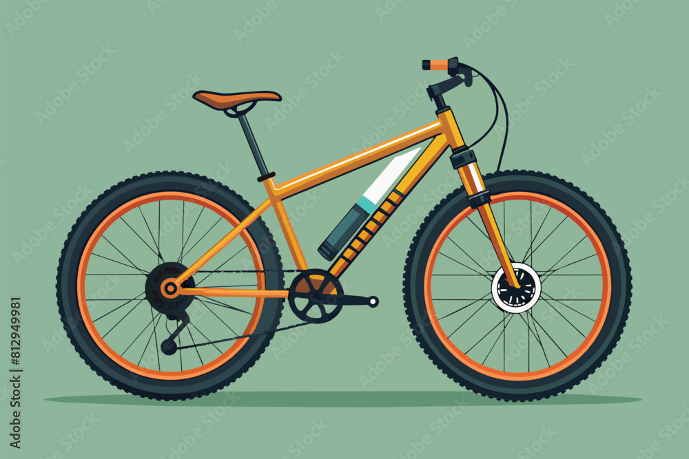 Fototapeta premium A mountain bike with vibrant orange rims and spokes standing against a green background, Mountain bike Customizable Disproportionate Illustration