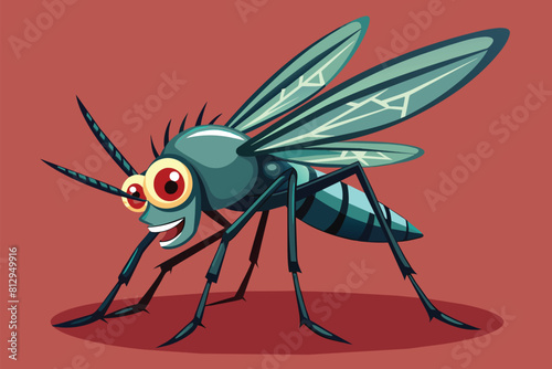 Close-up of a mosquito with disproportionately large eyes against a vibrant red backdrop, Mosquito bite Customizable Disproportionate Illustration