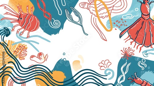 Vibrant Scribble Inspired Seafood Delicacies with Colorful Wiggly Lines and Abstract Designs Generative ai