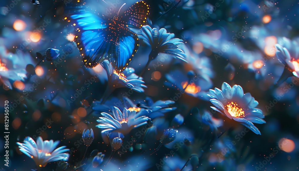 Transport onlookers into a world where technology meets nature with a frontal view of a cybernetic butterfly fluttering among holographic flowers Use CG 3D rendering to bring this Transport onlookers into a world where technology meets nature with a frontal view of a cybernetic butterfly fluttering among holographic flowers Use CG 3D rendering to bring this